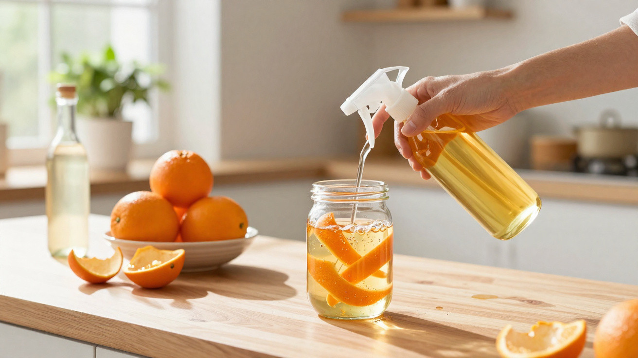 Hand spraying liquid into jar with orange peels on wooden kitchen countertop with bowl of oranges nearby.