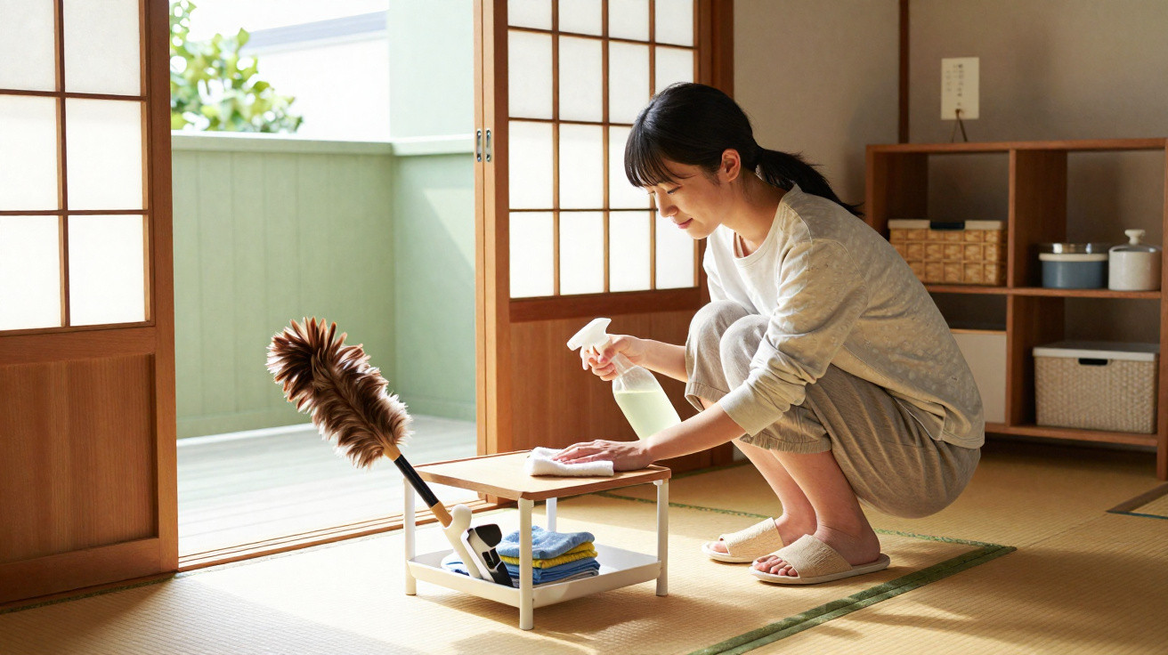 Woman in casual clothes cleaning a small table in a sunlit Japanese-style room with shoji doors open.