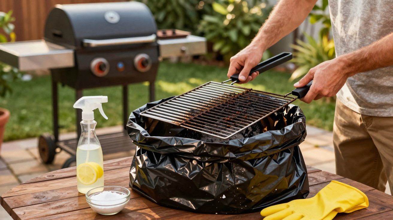 Person cleaning a barbecue grill grate over a black plastic bag on a wooden table outdoors.