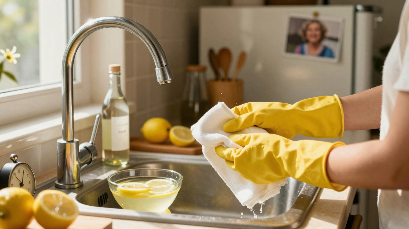 Person wearing yellow gloves drying a kitchen sink cloth with a stainless steel tap and lemons nearby.
