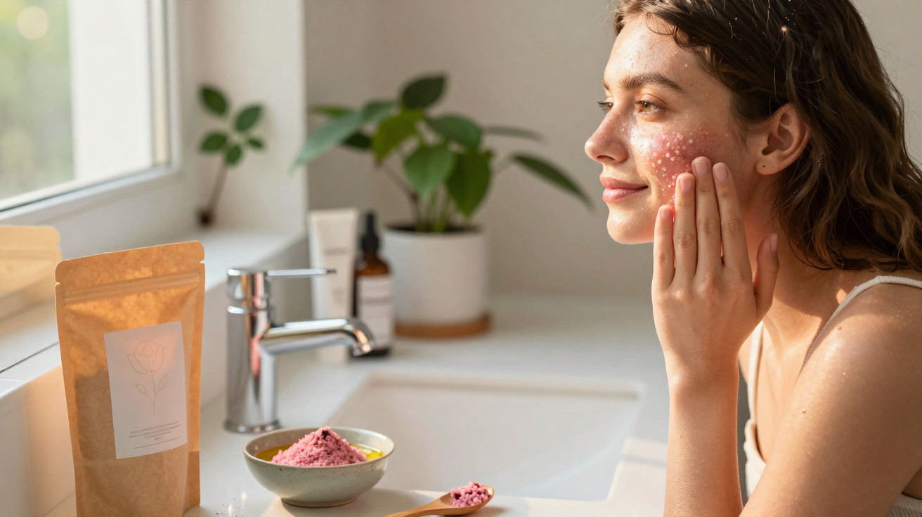 Young woman applying natural facial scrub in bright bathroom with skincare products on the sink