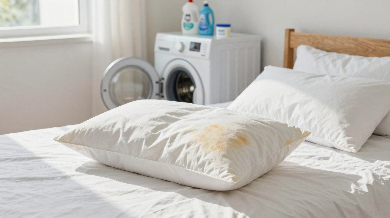 White pillow with yellow stains on a bed in a bright room with an open washing machine in the background.