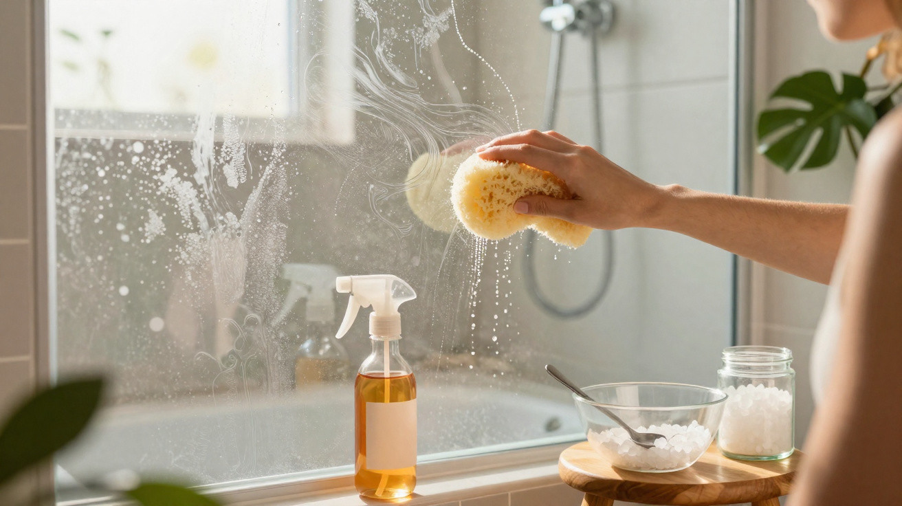 Person cleaning a steamed-up bathroom mirror with a sponge and spray bottle nearby on the windowsill.