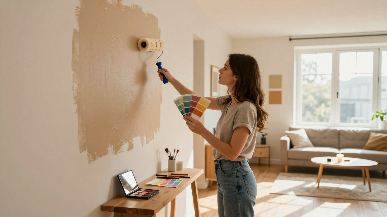 Young woman painting a beige colour sample on a wall in a sunlit living room.