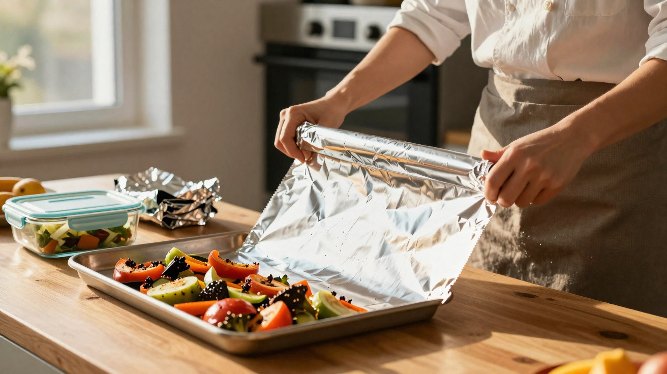 Person covering tray of prepared vegetables with aluminium foil on wooden kitchen counter