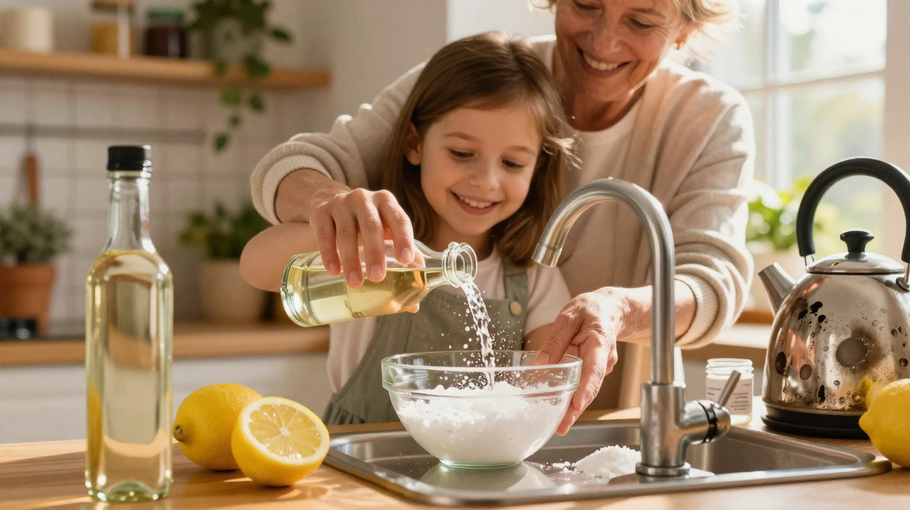 Grandmother and granddaughter pouring liquid into a bowl in a bright kitchen with lemons nearby.