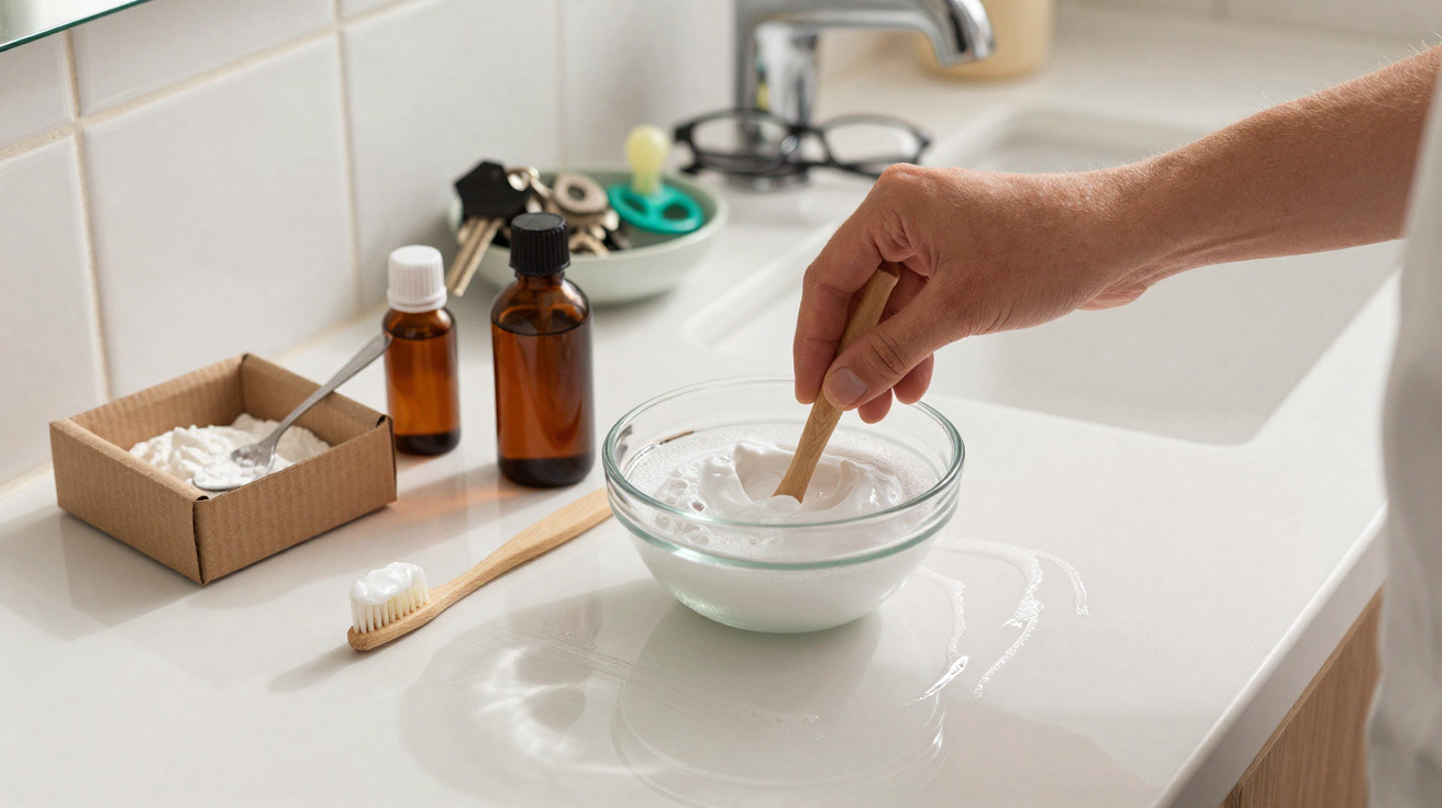 Hand stirring a white paste in a glass bowl on a bathroom counter with natural ingredients nearby