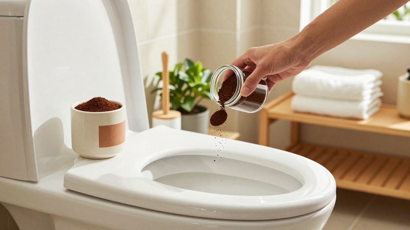 Hand pouring coffee grounds from jar into a clean white toilet bowl in a bathroom setting.