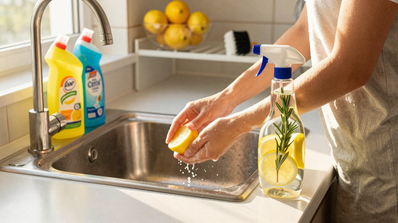 Person squeezing lemon over kitchen sink with natural lemon and rosemary spray bottle nearby.