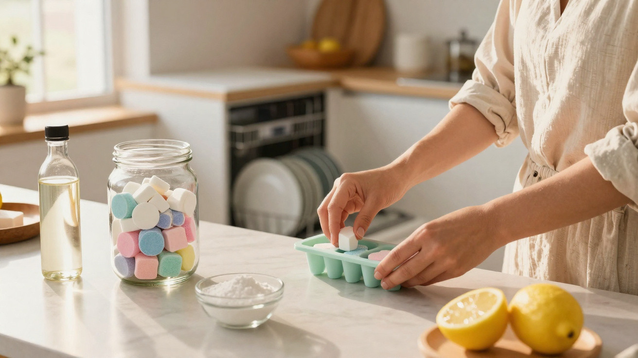 Person placing a white tablet into an ice cube tray on a kitchen counter with lemons and a jar of pastel marshmallows.
