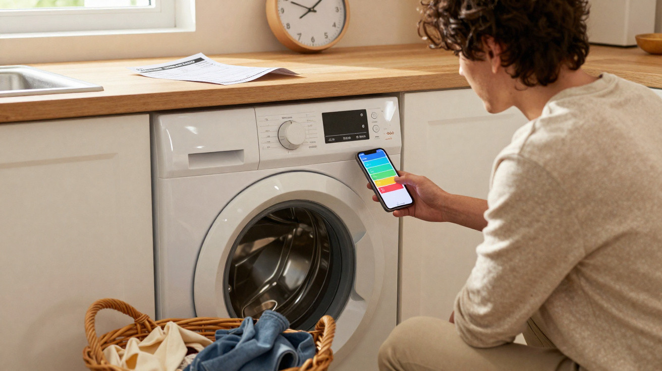Person using a smartphone app to control a front-loading washing machine in a modern kitchen.
