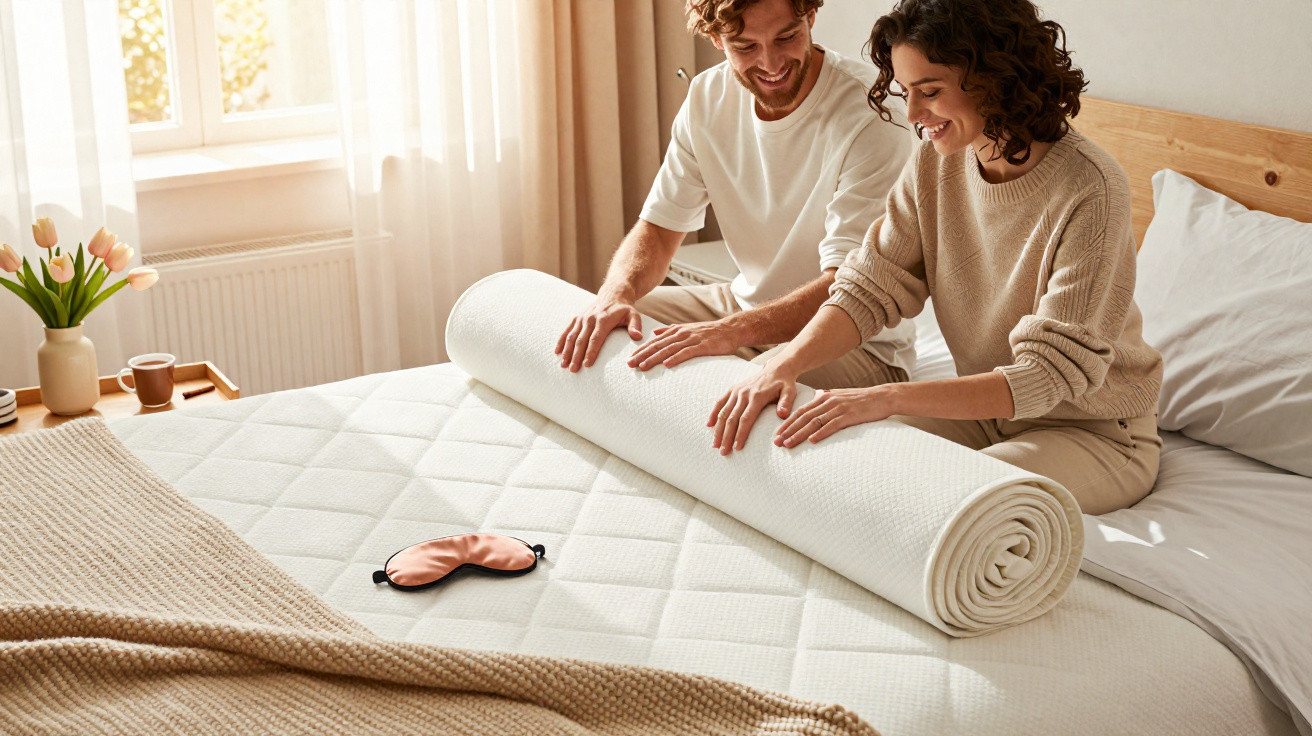 Couple smiling and unrolling a mattress topper on a bed in a sunlit bedroom with tulips on the bedside table.