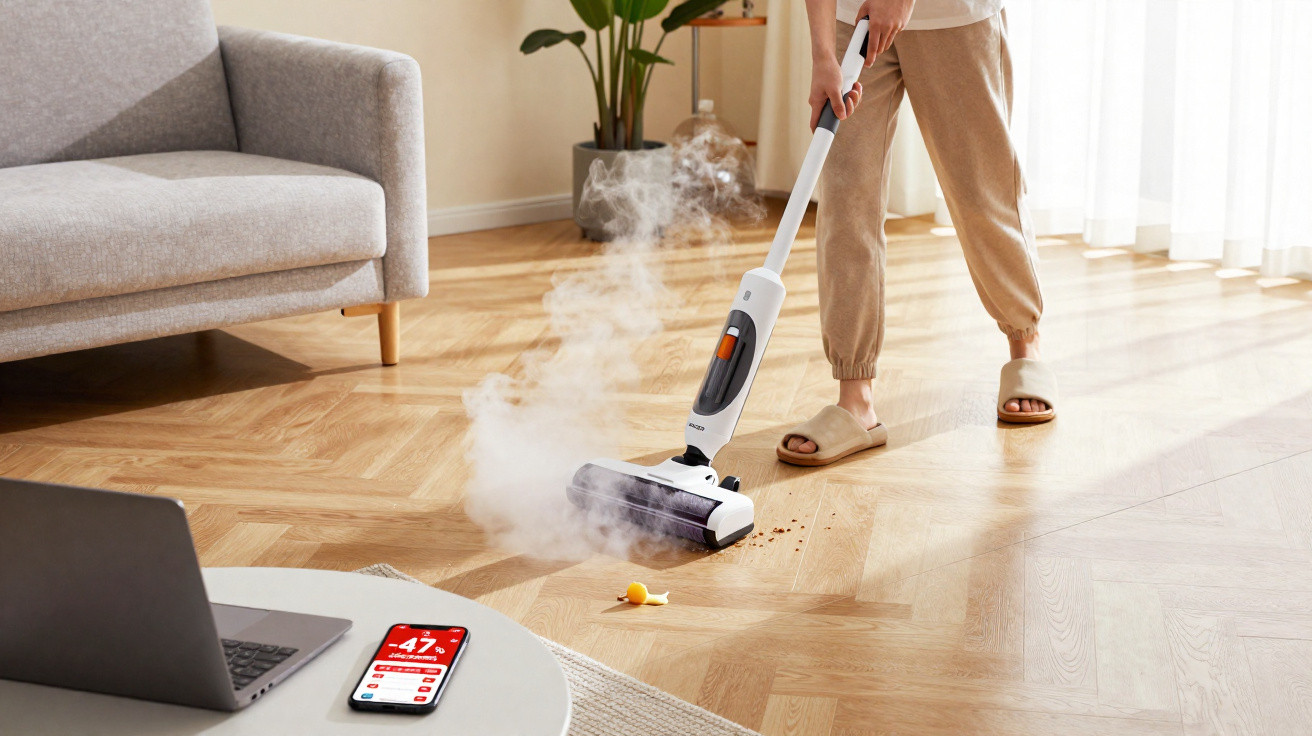 Person using a white steam mop to clean wooden floor near sofa and coffee table with laptop and smartphone.