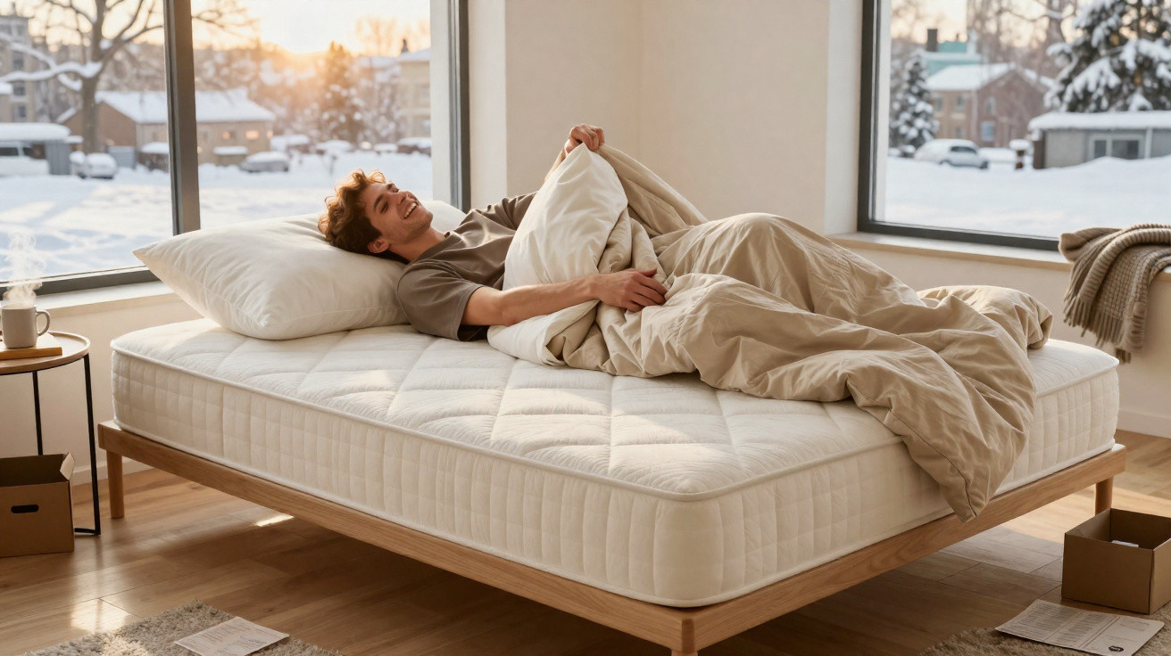 A young man lying on a bed with beige bedding, smiling and holding a pillow in a sunlit room with snowy windows.