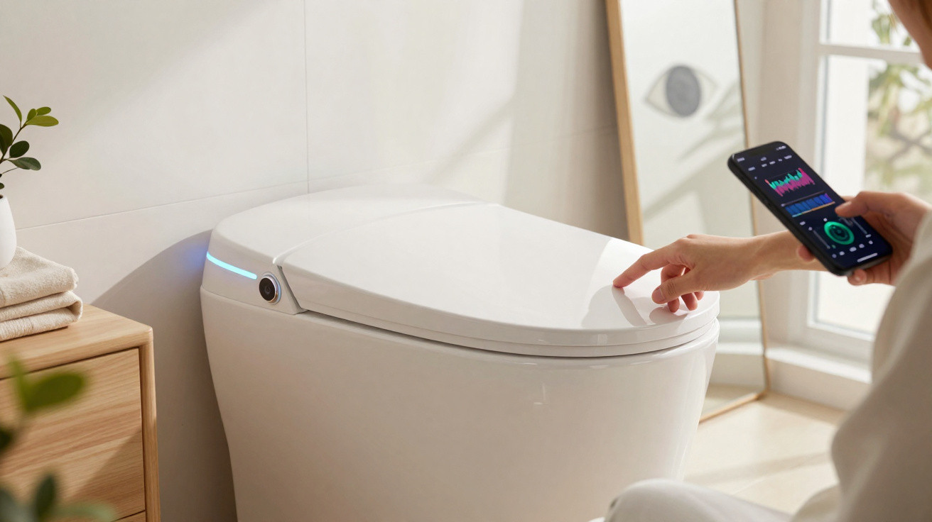 Person using smartphone to control a modern smart toilet with a sleek white design in a bright bathroom.