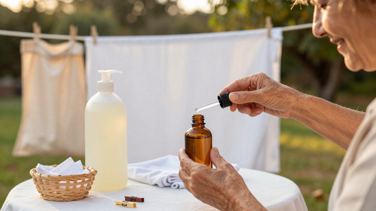 Person holding a dropper over an amber bottle outdoors with laundry hanging in the background.