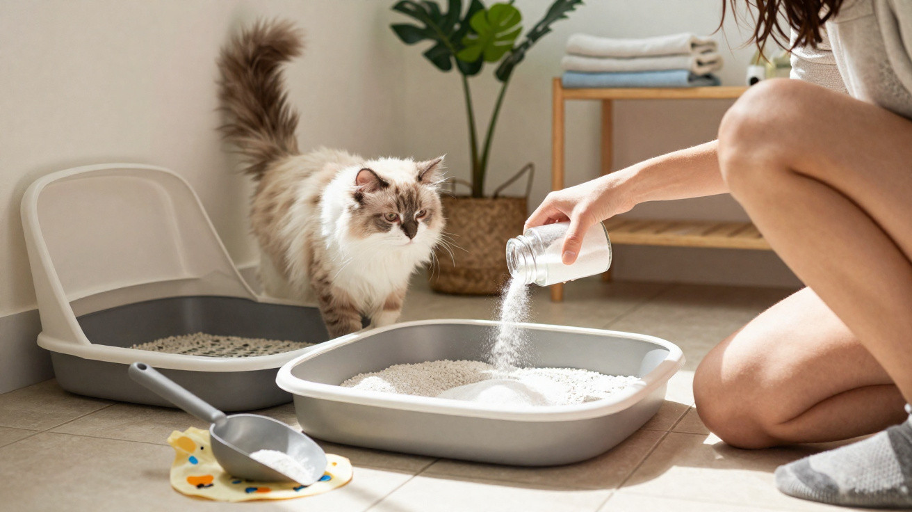 Person sprinkling litter into a tray while a fluffy cat watches in a bright, tiled room.