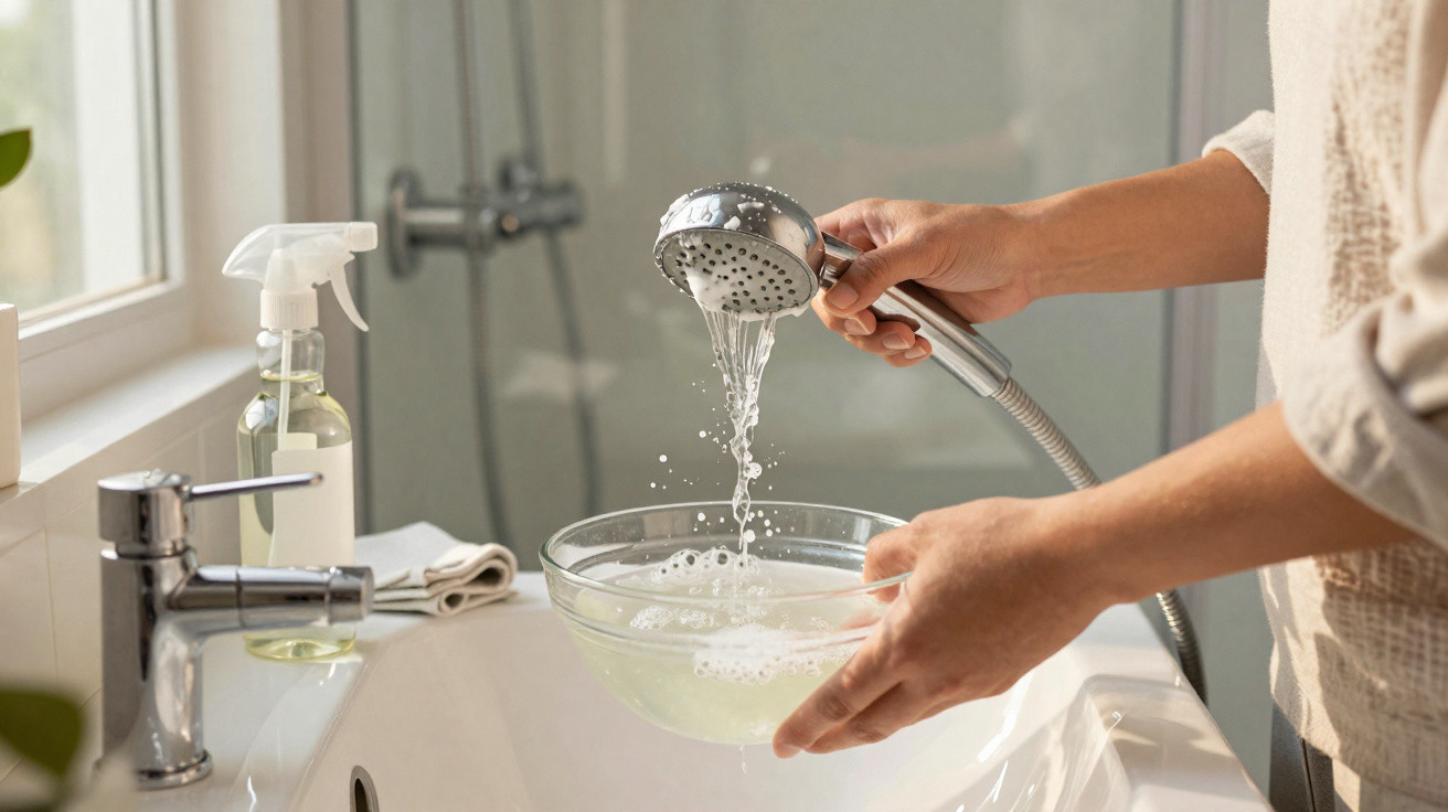 Person rinsing a clear glass bowl with water from a showerhead over a white sink in a bathroom.