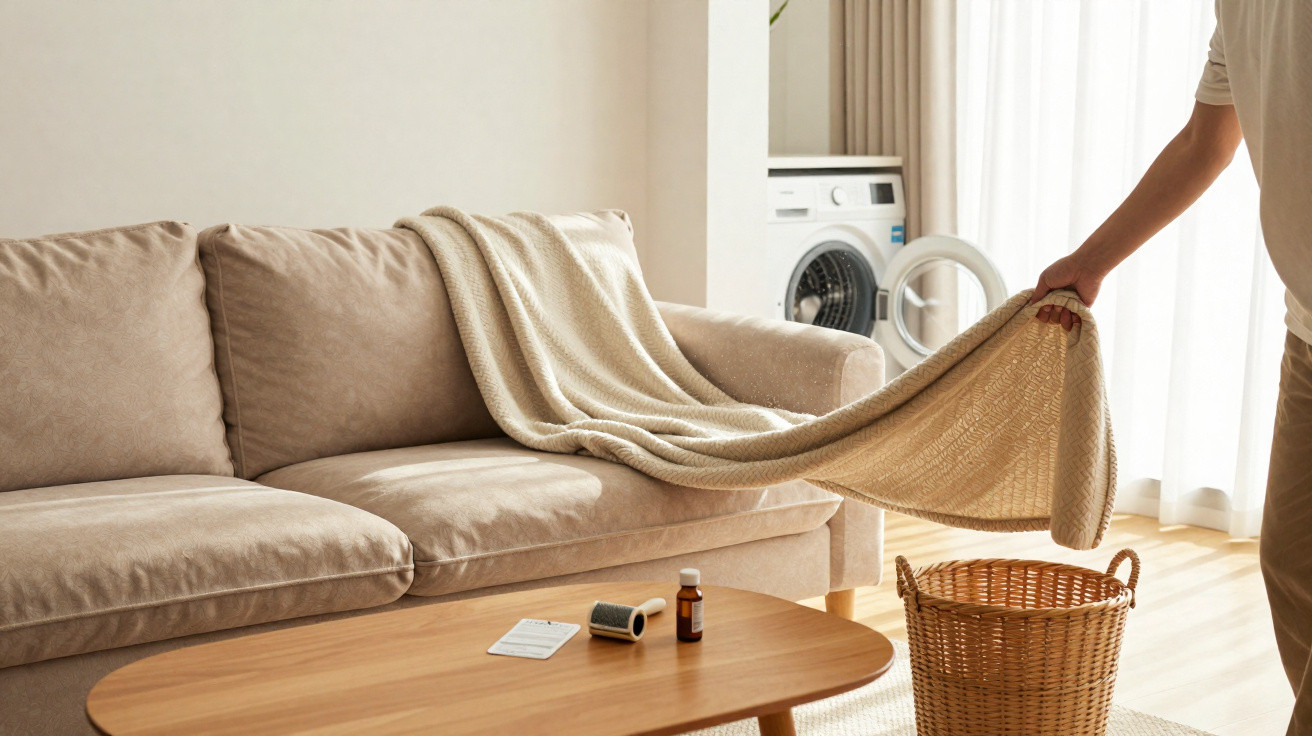 Person removing a beige knitted blanket from a sofa near a washing machine and wicker laundry basket in a bright room.