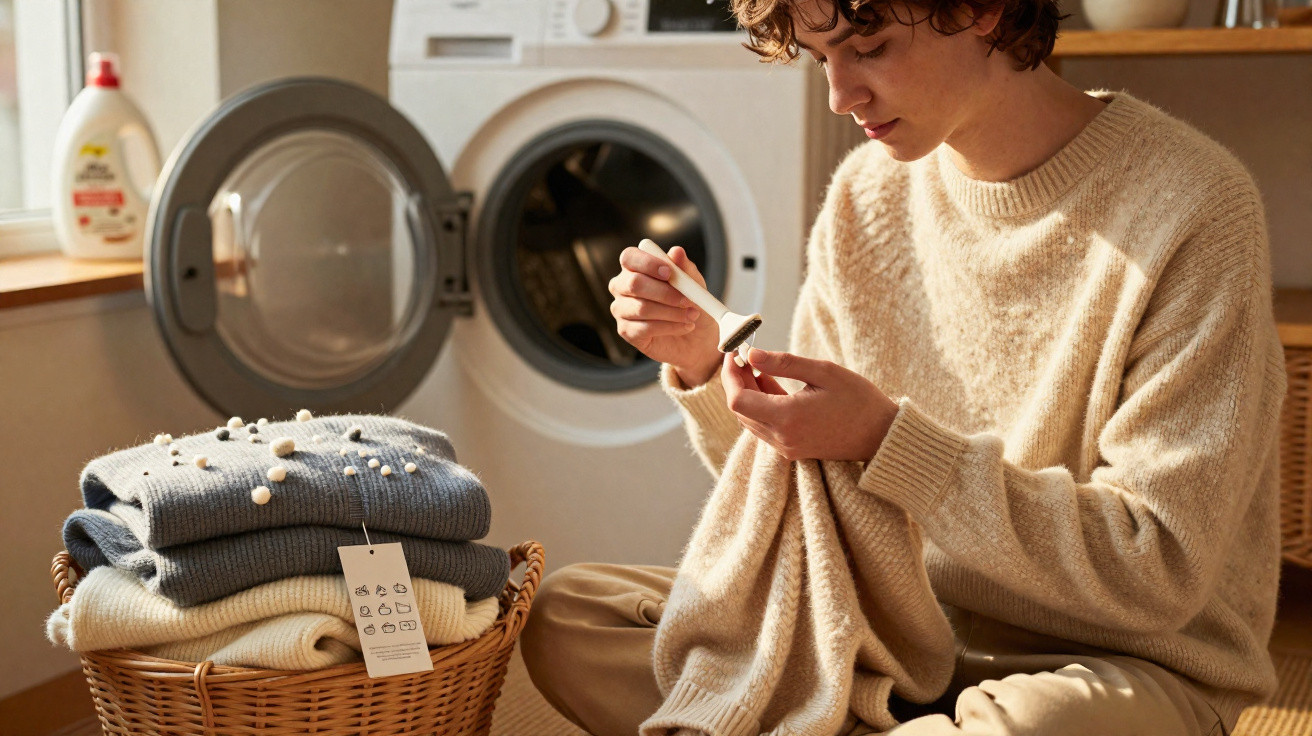 Person removing pills from a pill remover onto a folded knitted jumper in a laundry room.