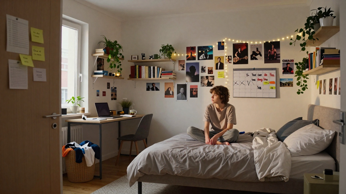 Young person sitting cross-legged on a bed in a cosy, decorated bedroom with string lights and a desk by the window