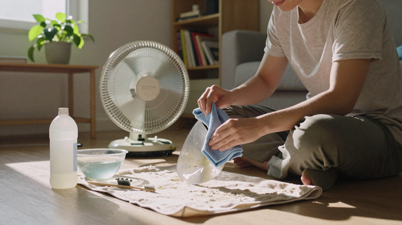Person cleaning a translucent plate with a cloth on a towel, with a fan, cleaning supplies, and a toothbrush nearby.