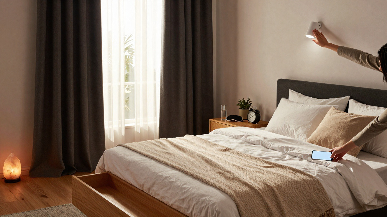 Person adjusting a wall-mounted light above a neatly made bed in a cozy bedroom with dark curtains.