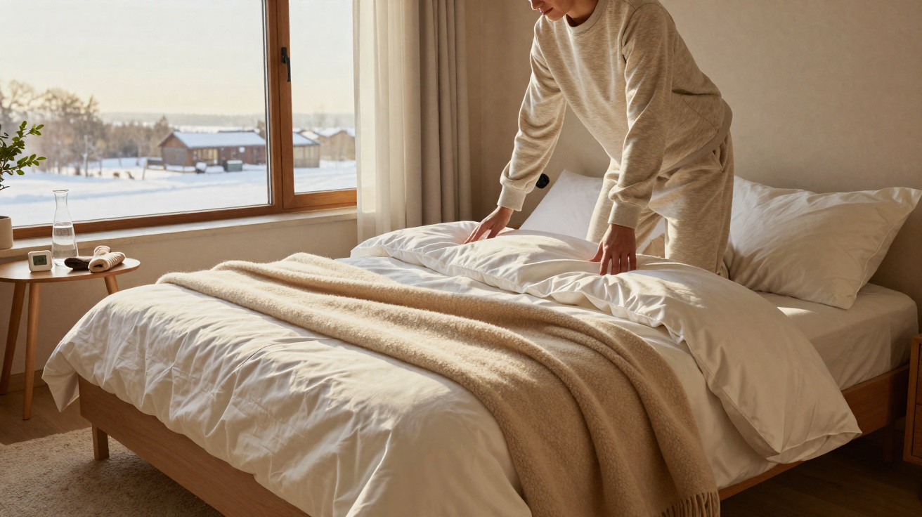 Person in beige loungewear making a bed with white linens in a cozy bedroom with snowy window view.