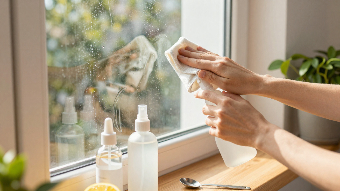 Hands cleaning a window with a cloth and spray bottle on a wooden windowsill with plants nearby.