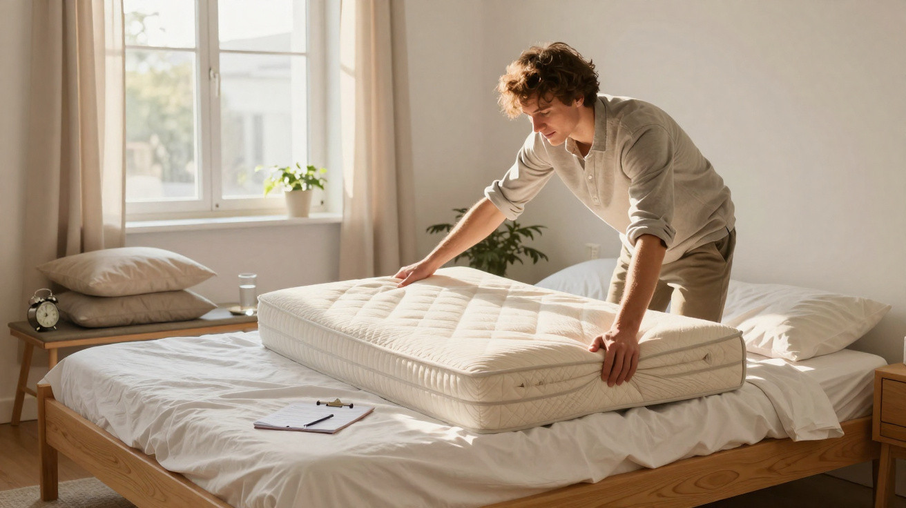 Young man placing a mattress topper on a bed in a bright, minimalist bedroom.