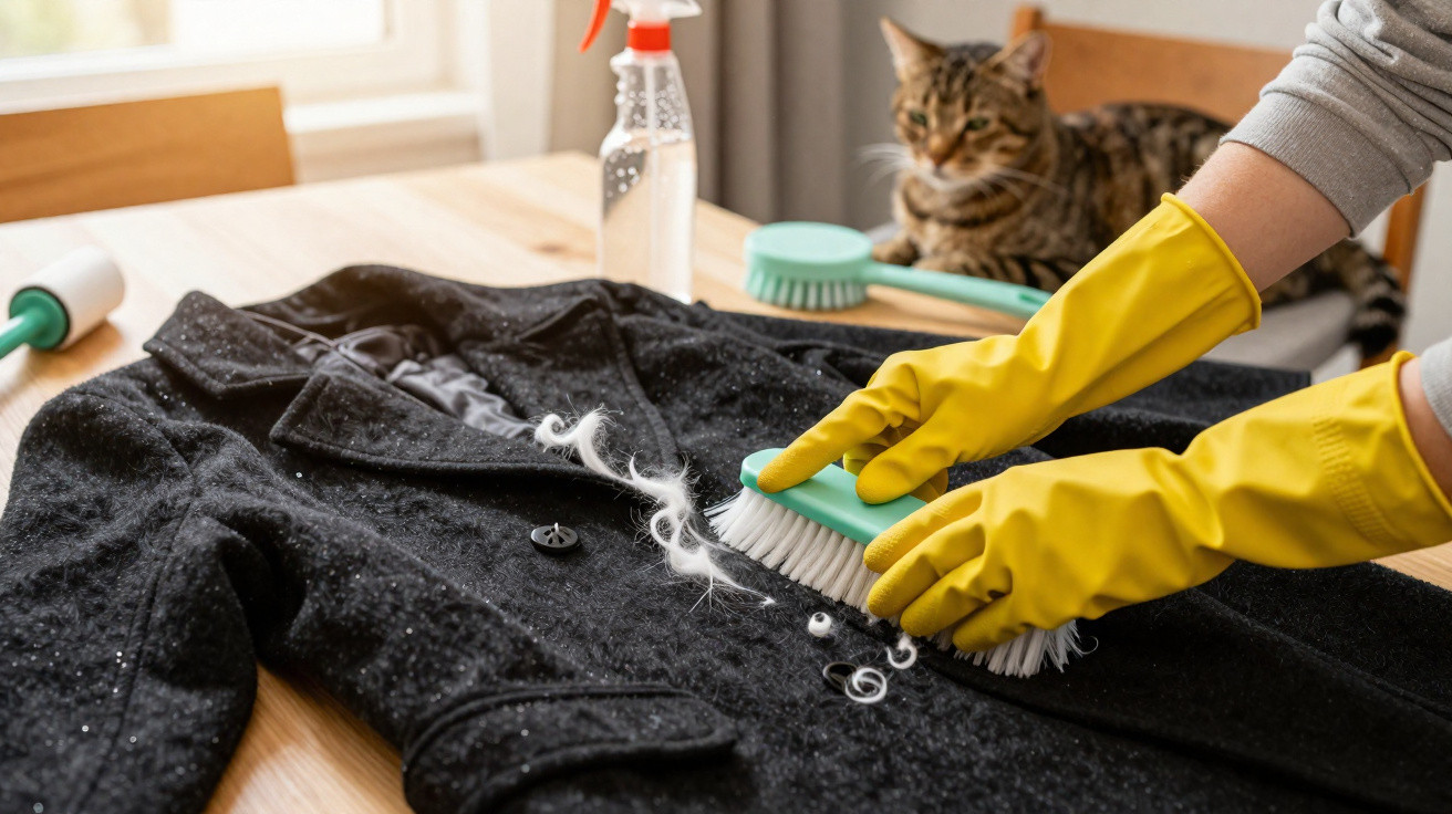 Person wearing yellow gloves brushing cat hair off a black coat on a table with a cat in the background.