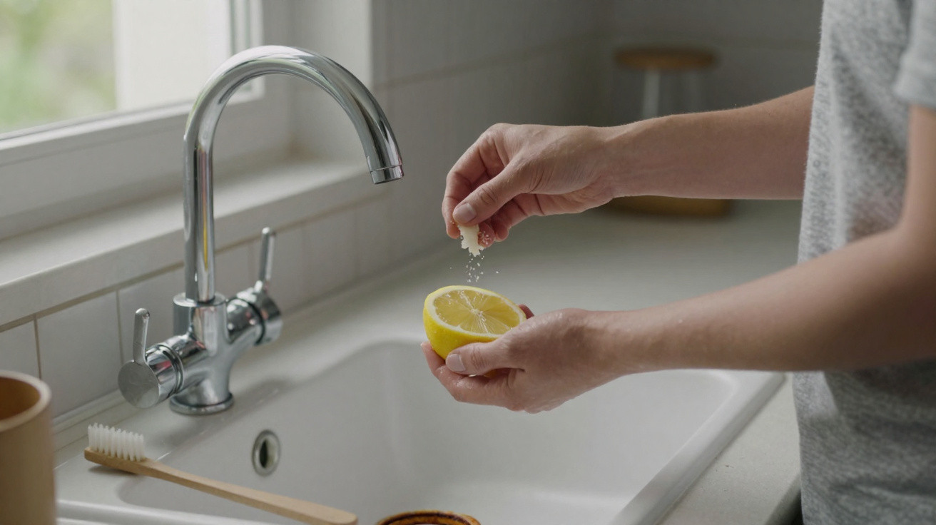 Hands sprinkling salt onto a lemon half over a white kitchen sink next to a toothbrush and faucet.