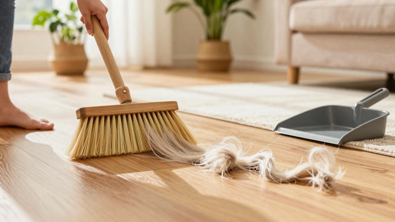 Bare feet sweeping long pet hair on wooden floor with a broom and dustpan in a bright living room.