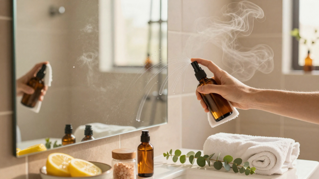 Hand spraying a brown glass bottle with mist, reflected in a bathroom mirror near lemon slices and rolled towels.