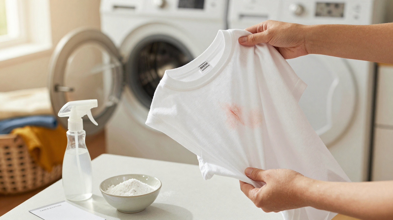 Hands holding a white t-shirt with a red stain in front of a washing machine and stain removal supplies.