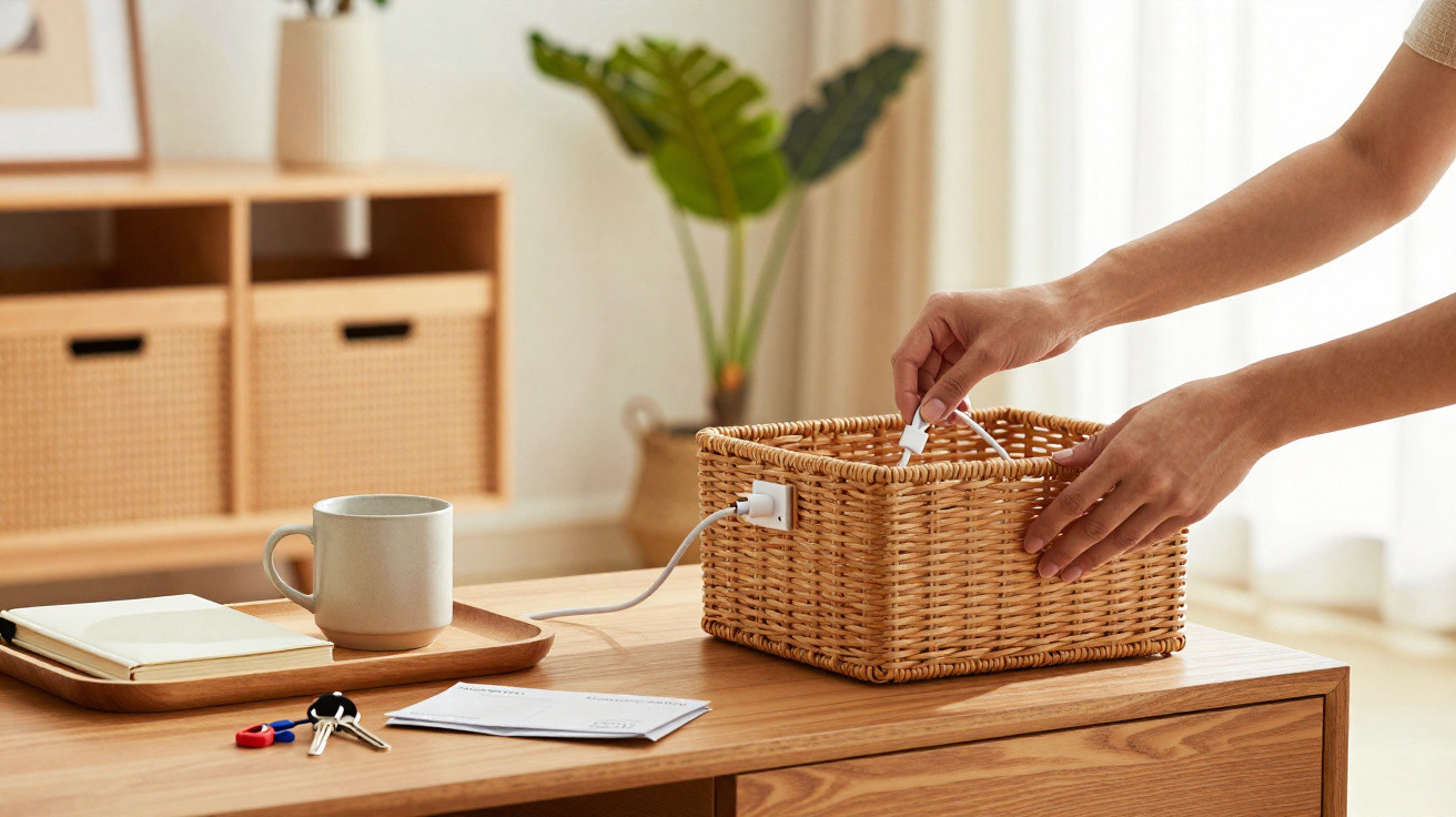 Hands unplugging a USB cable from a woven basket on a wooden table with a mug and keys nearby.