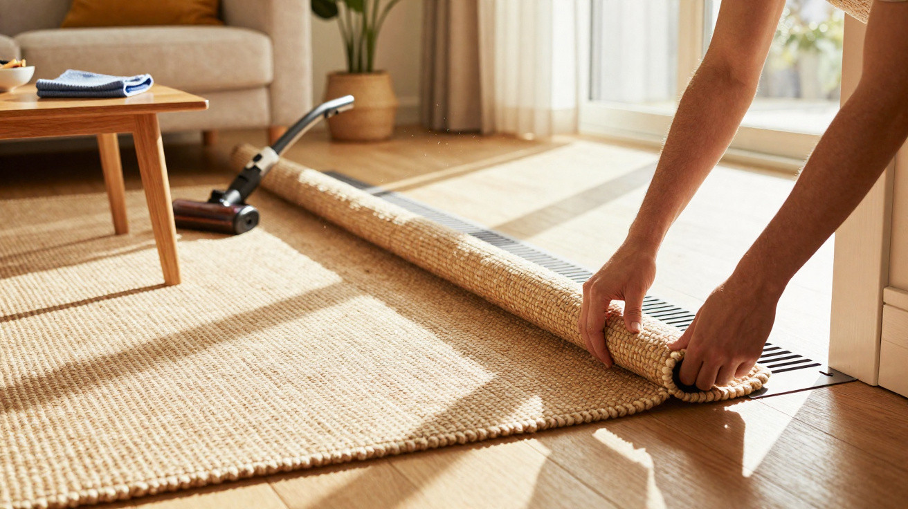 Person rolling up a beige woven rug on a wooden floor near a vent in a sunlit living room.