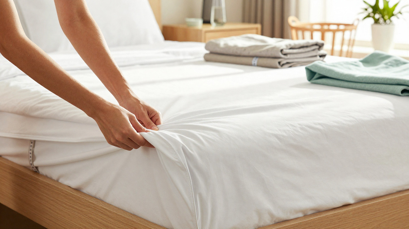 Person making a bed with white fitted sheet in a bright, tidy bedroom with folded clothes on the bed.
