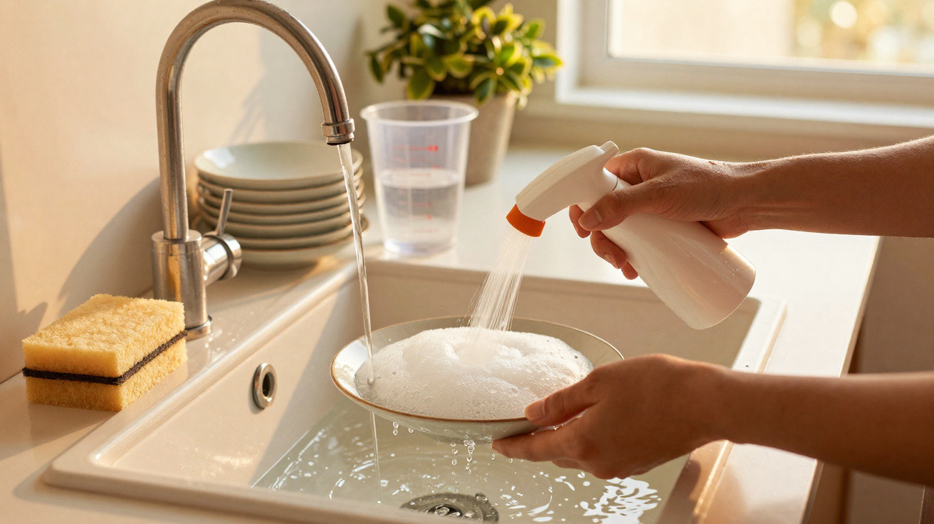 Person spraying soap on a plate over a kitchen sink with running water and stacked dishes nearby