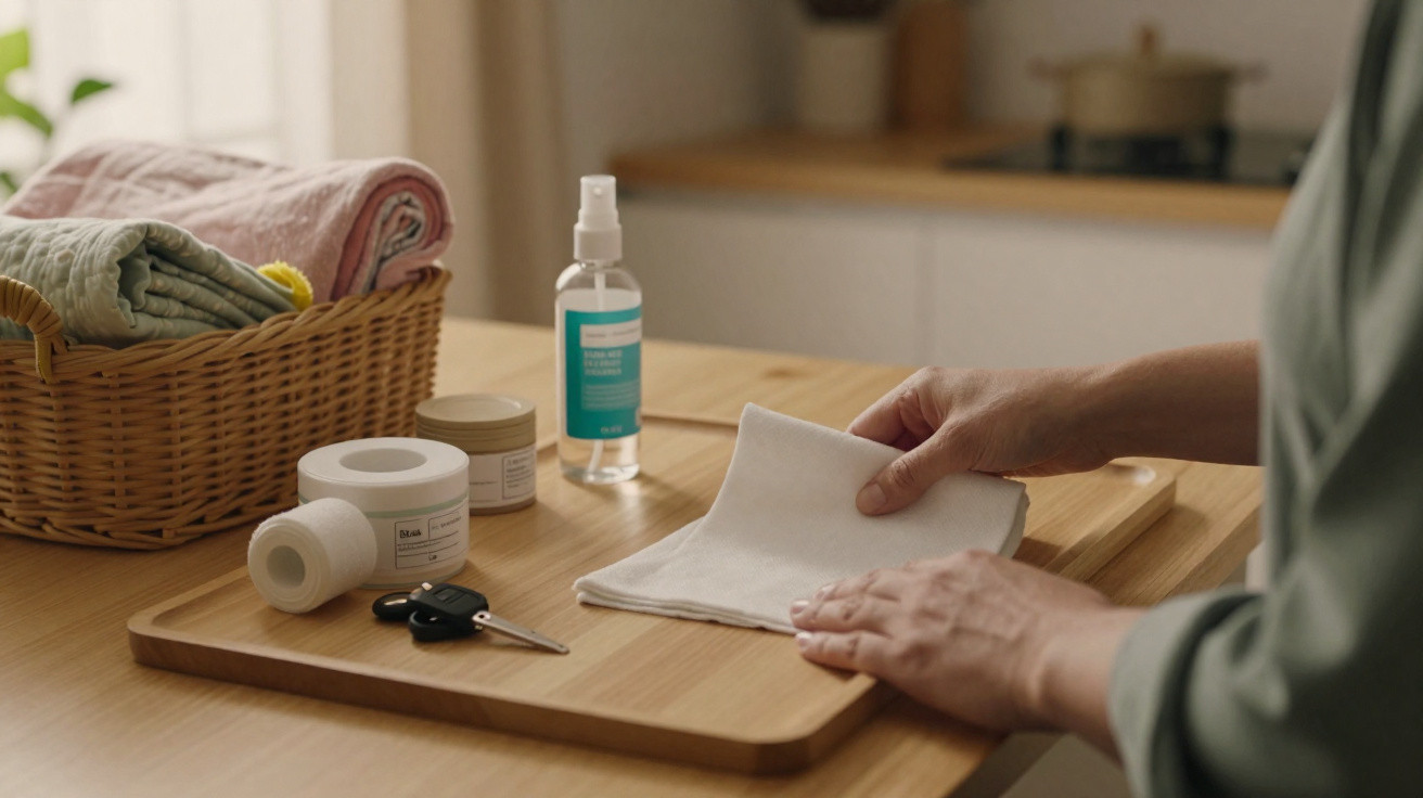 Person folding a white cloth on a wooden tray with skincare products and car keys nearby on table.