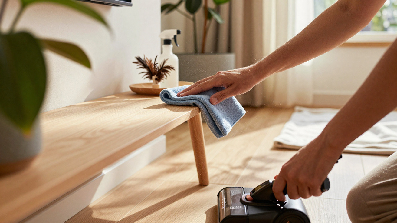 Person cleaning wooden furniture with cloth and handheld vacuum in bright room