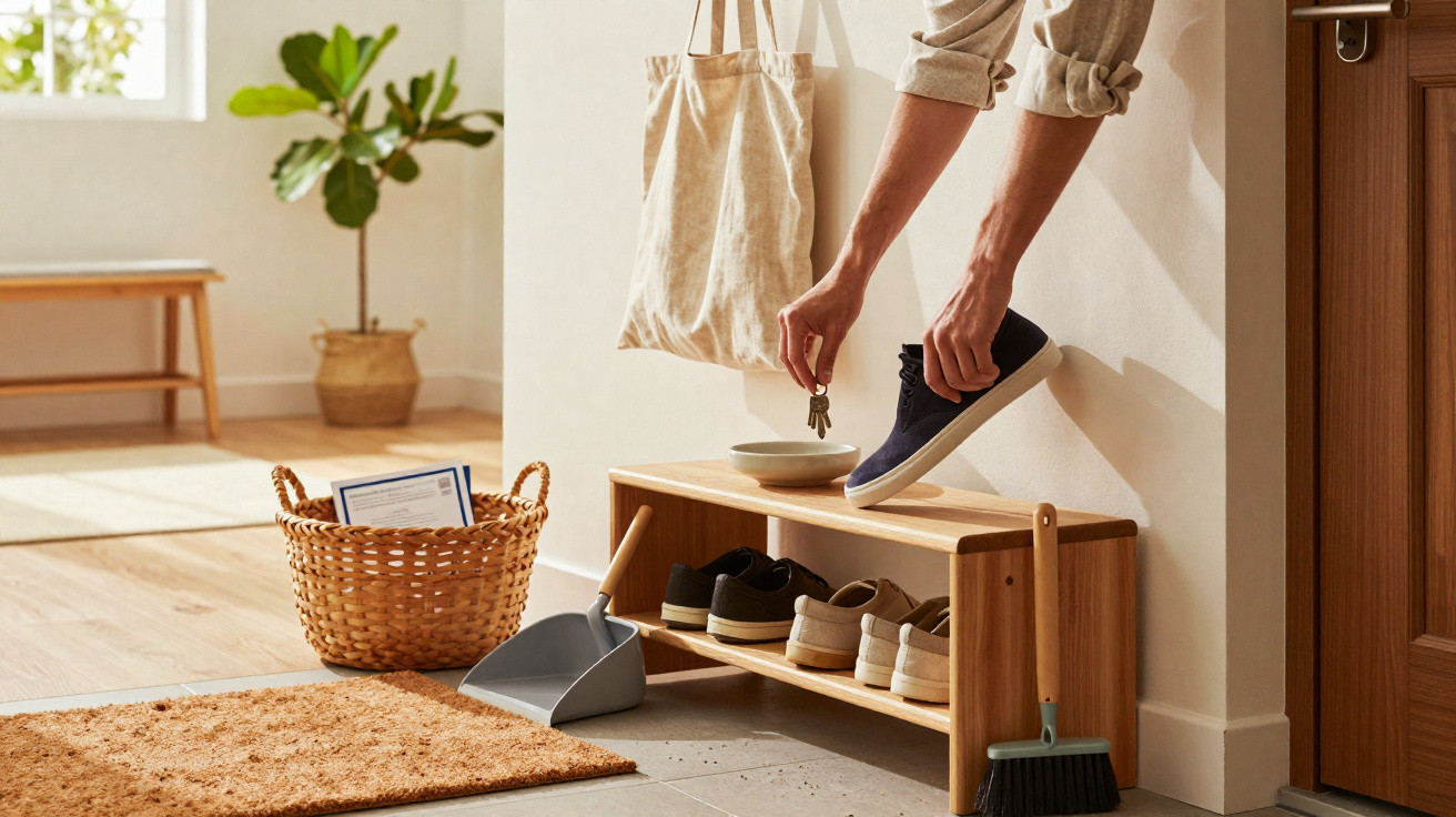 Person placing navy shoe on wooden shoe rack in a bright, tidy entrance hallway with cleaning tools nearby.