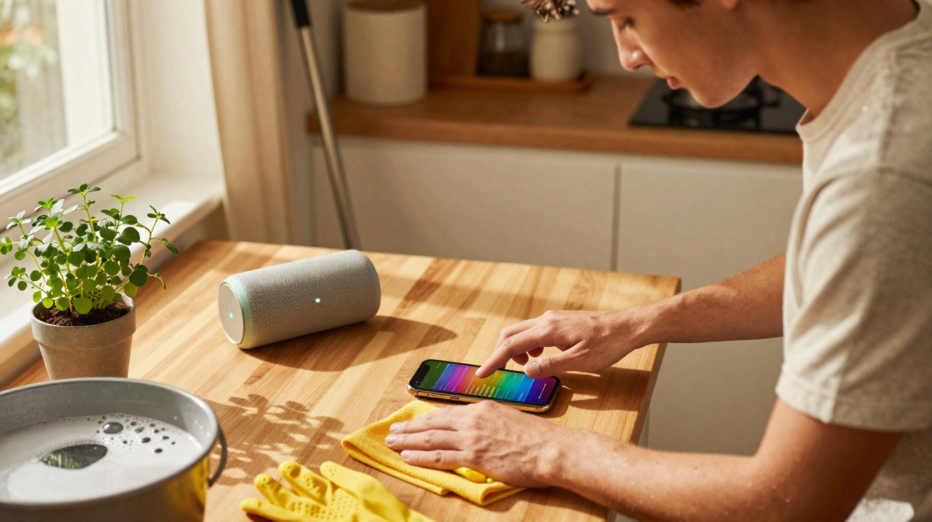 Person using a smartphone on a wooden kitchen table with a speaker, plant, yellow gloves, and washing bowl nearby.
