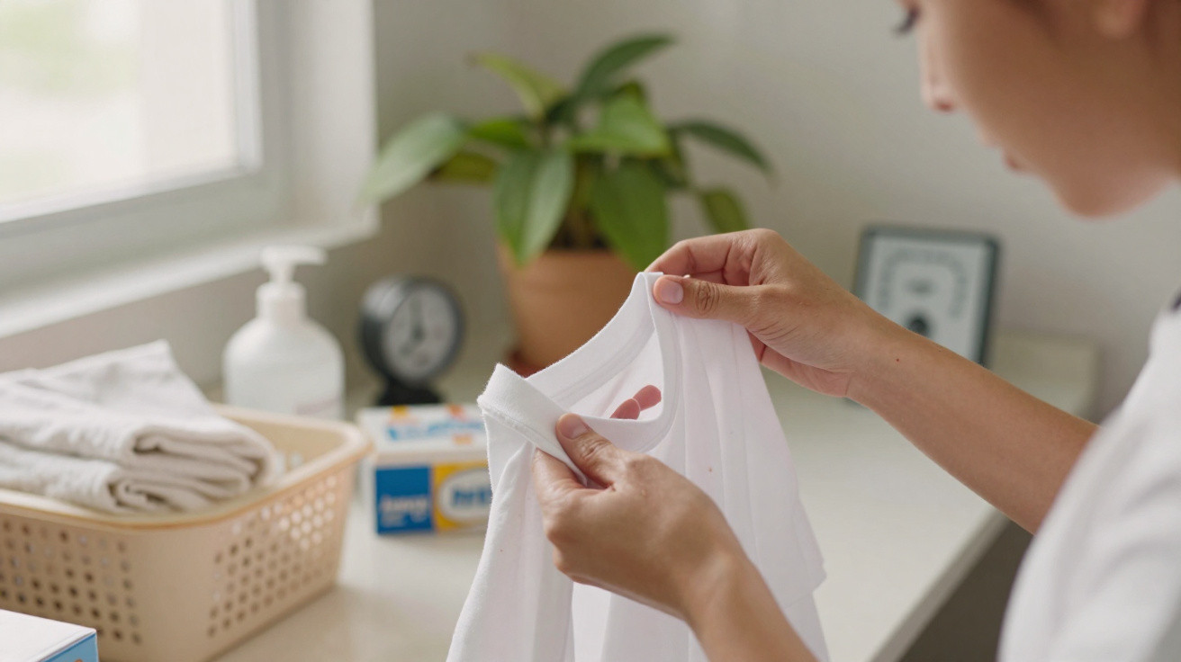Person inspecting a white garment for stains or damage in a bright laundry room near a window.