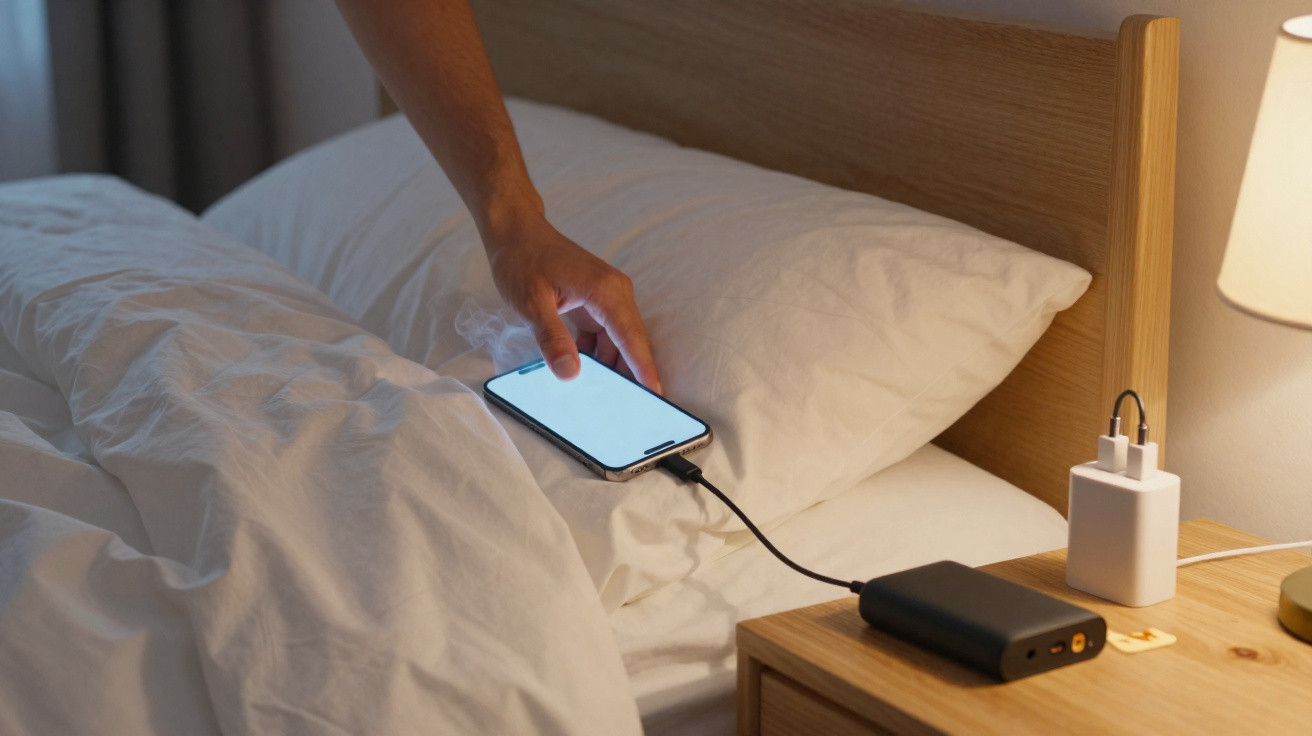 Person reaching to pick up a smartphone charging on a bed next to a bedside table with a power bank and charger.