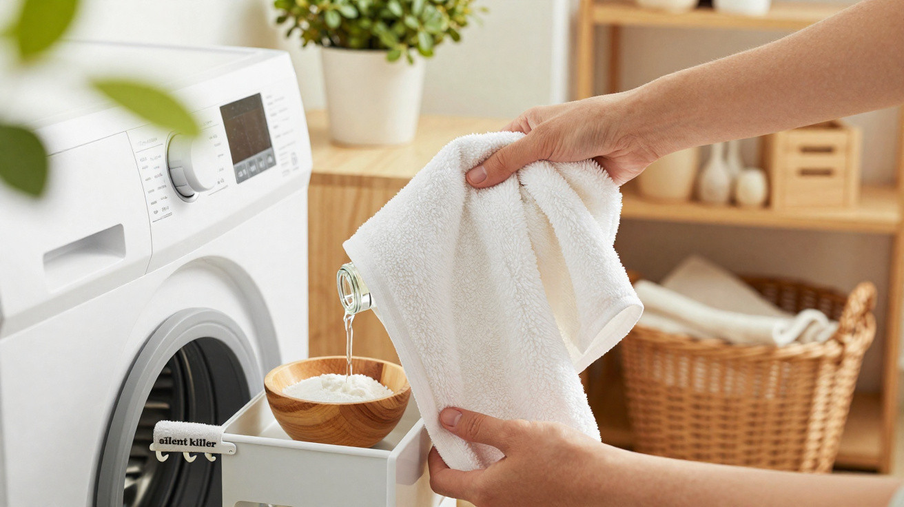 Person pouring liquid detergent from a white cloth into a washing machine detergent drawer.