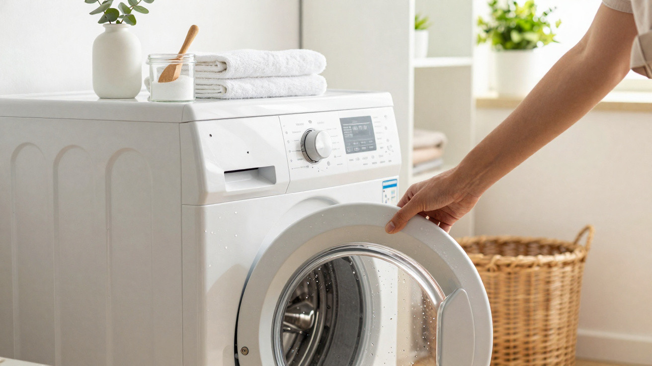 Person opening the door of a white front-loading washing machine in a bright laundry room.