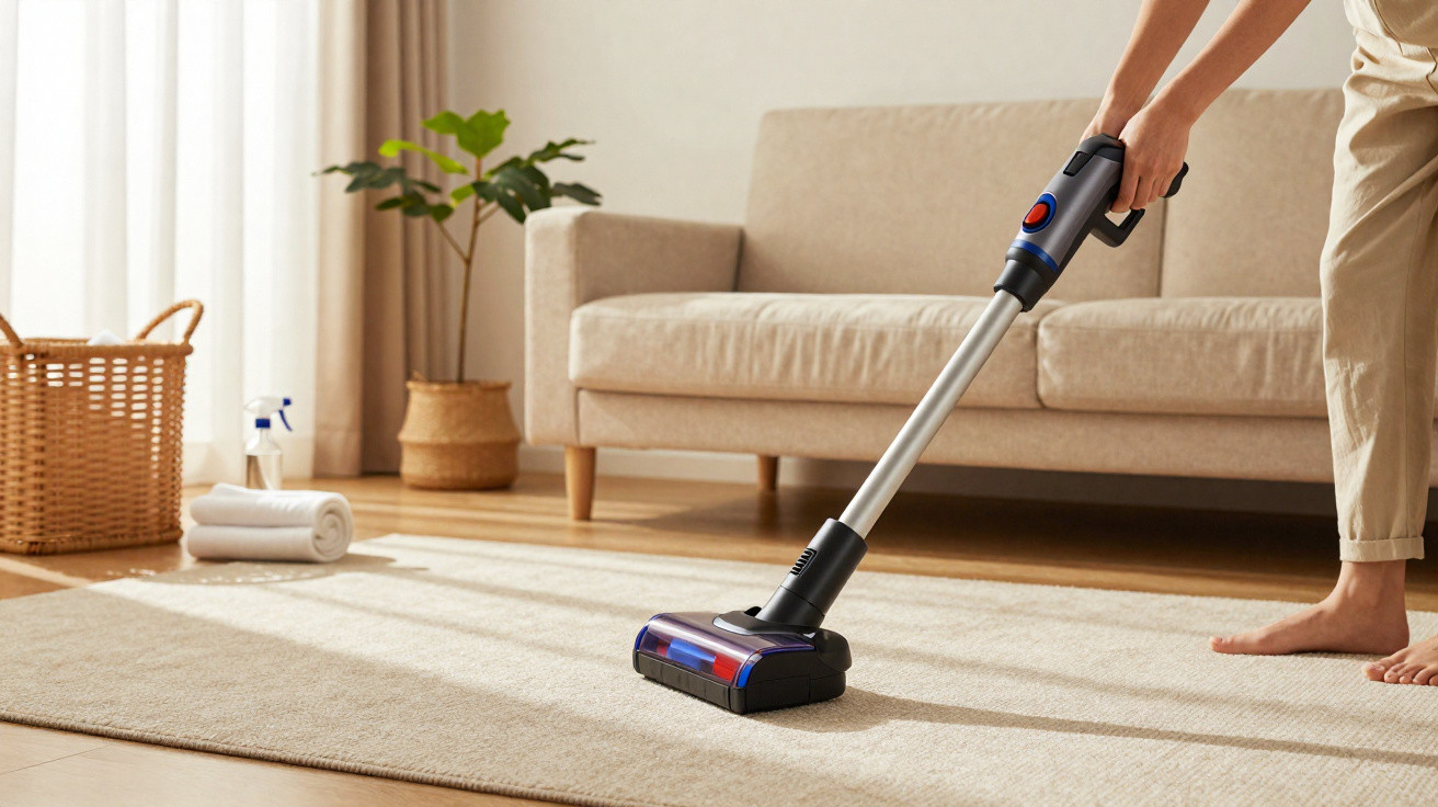 Person using a cordless vacuum cleaner to clean a beige carpet in a bright living room with a sofa and plants.
