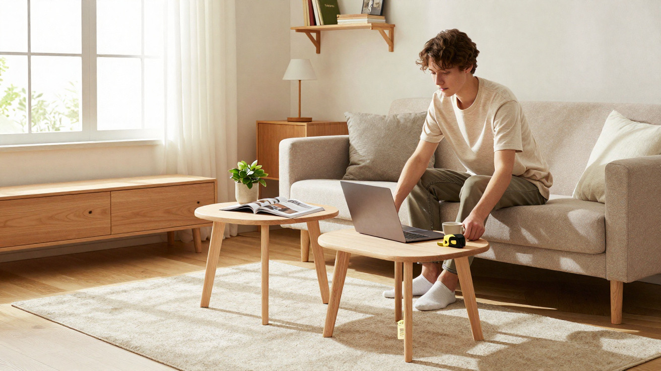 Young man using laptop on sofa in a bright, minimalist living room with wooden furniture and beige tones.