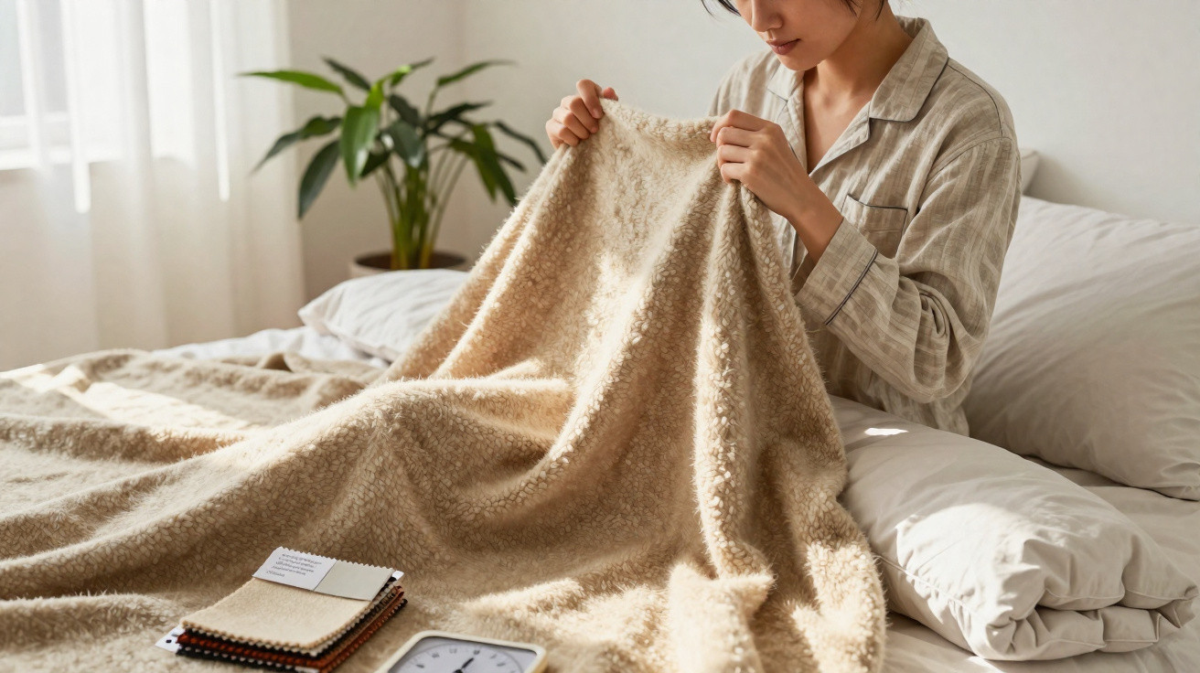 Person in pajamas feeling soft beige blanket on a bed in a sunlit bedroom with a plant nearby